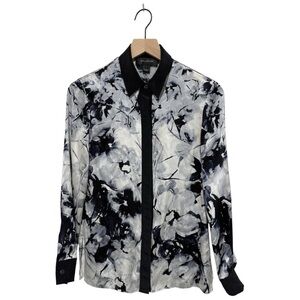 St. John Silk Blend Blouse Size 2 Black White Floral Button Up Shirt